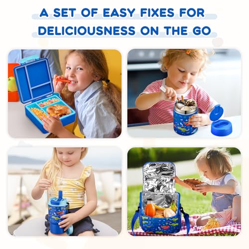 Pawtong Lunch Box Set with Bento Box Container, 17OZ Stainless Steel Food Soup Thermo, Kids Water Bottle & Portable Insulated Lunch Bag, Leakproof, Hot/Cold Retention for School, Travel (Dinasour) - color: Blue-Dinasour