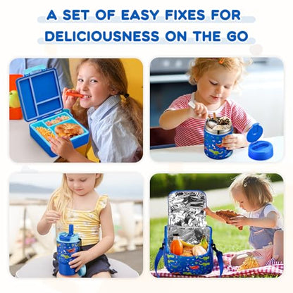 Pawtong Lunch Box Set with Bento Box Container, 17OZ Stainless Steel Food Soup Thermo, Kids Water Bottle & Portable Insulated Lunch Bag, Leakproof, Hot/Cold Retention for School, Travel (Dinasour) - color: Blue-Dinasour