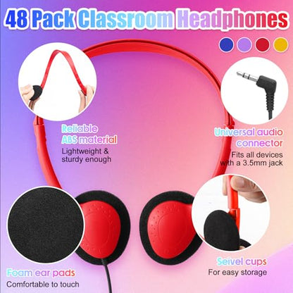 Frienda 48 Pack Classroom Headphones Bulk, Wired School Headsets for Students, Stereo Headphones with 3.5 mm Plug for Classroom, Online Learning, Library(Classic,Navy, Red, Yellow, Purple) - color: Navy, Red, Yellow, Purple, style: Classic