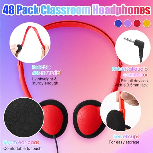 Frienda 48 Pack Classroom Headphones Bulk, Wired School Headsets for Students, Stereo Headphones with 3.5 mm Plug for Classroom, Online Learning, Library(Classic,Navy, Red, Yellow, Purple) - color: Navy, Red, Yellow, Purple, style: Classic