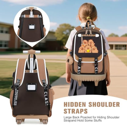 Bevalsa Capybara Theme Rolling Backpack for Girls, 3PCS Roller School Backpacks with Lunch Box & Pen Case, Kids Bookbag Schoolbag with Wheels for Teen Girl Kindergarten Elementary Middle School - color: Brown Cartoon
