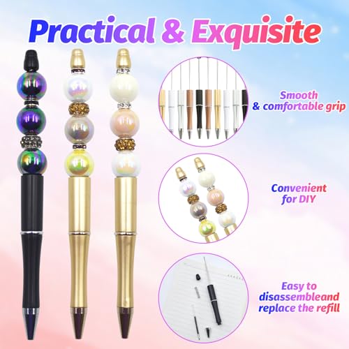 150 Pieces DIY Beadable Pens Kit - 50 plastic Beadable Pens Bulk, Refills & pen bags Included - Beaded Pens Black Ink Ballpoint Cute Pens for Students Teacher（Versatile） - color: Versatile, size: 50