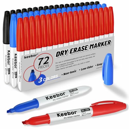 Keebor Dry Erase Markers Chisel Tip, 3 Assorted Colors, 72 Pcs Low-Odor Whiteboard Markers, Office & School Supplies - color: Multicolor