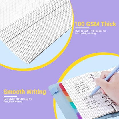 Antner A6 Grid Refill Paper 6-Hole Planner Inserts for A6 6-Ring Refillable Binder, 135 Sheets/270 Pages Graph Loose Leaf Filler Paper with 12 PCS Binder Dividers for Journal Note Math Work - color: Grid Square Paper