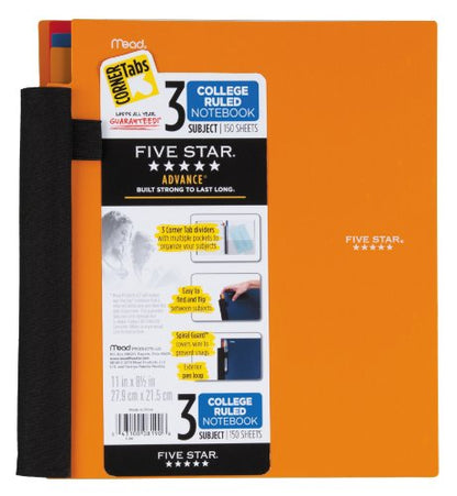 Five Star MEAD Notebook, 3-Subject, College Ruled, 150 Sheets, 8-1/2 x 11 Inches, Assorted (MEA08190)