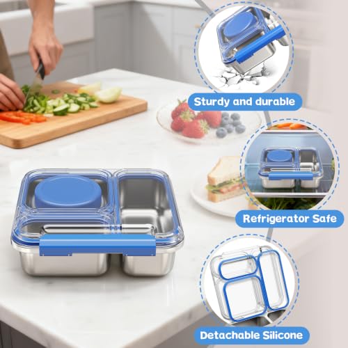 Pawtong Stainless Steel Bento Box Kids Adult with 7oz Insulated Food Jar, Transparent Lid Metal Lunch Box With Soup Thermal Jar, Lunch Box Container with Removable Divider & Sauce Cup School (Blue) - color: Blue