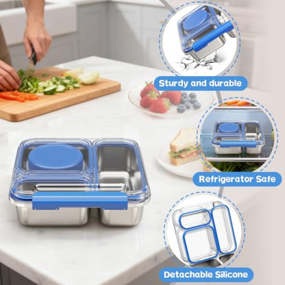 Pawtong Stainless Steel Bento Box Kids Adult with 7oz Insulated Food Jar, Transparent Lid Metal Lunch Box With Soup Thermal Jar, Lunch Box Container with Removable Divider & Sauce Cup School (Blue) - color: Blue