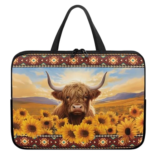 Aztec Sunflower Cow Computer Bag Sleeve with Handle, Protective Tablet Case with Zipper, Water-Repellent Fabric Laptop Bag, Portable Notebook Sleeves Handbag for Travel/Business/School - color: Aztec Sunflower Cow, size: 10 Inch