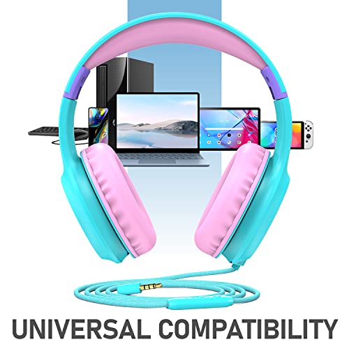 FosPower Kids Headphones with 3.5mm Laced Cables, Children & Teens Over The Ear Foldable Adjustable Headset w/Built-in Mic for Smartphones/PC/Tablet/Laptop/School (Max Volume 85dB) - Mint/Pink - color: 07 - Mint/Pink