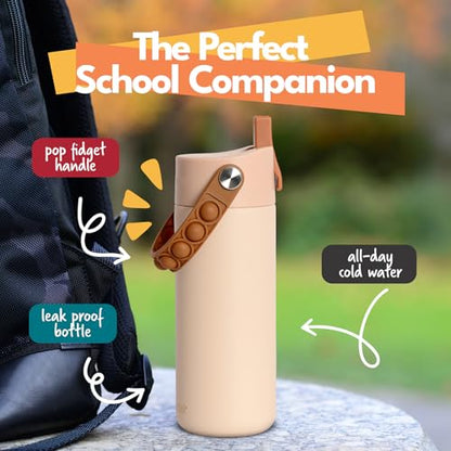 Elemental Insulated Kids Water Bottle, Stainless Steel Water Bottle with Straw Lid & Pop-It Handle, Leak-Proof Water Bottles for School, Boys or Girls, Travelling and Sports, 18oz - Beige - color: Beige
