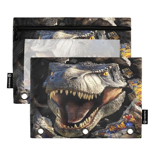 2 Pack Pencil Pouch for 3 Ring Binder Dinosaur Pencil Case Pouch with Clear Window Zipper Binder Pencil Pouches Pen Bag for Office School Supplies - color: Dinosaur