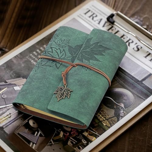 Leather Writing Journal Notebook,Classic Spiral Bound Notebook Refillable Diary Sketchbook Gifts with Unlined Travel Journals to Write in for Girls and Boys(Leaves,A6/Dark Green) - color: 03-A6/GreenMaple
