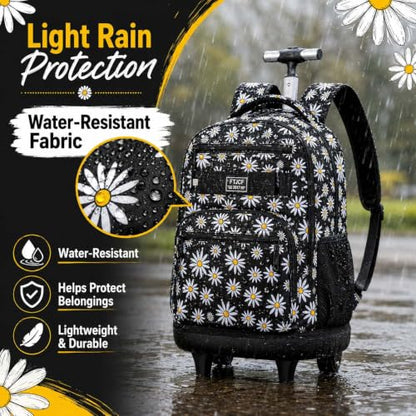 gxtvo Girls Rolling Backpack, Women Roller Bookbag with Lunch Box for Adults, Water Resistant Wheeled School Bag for College Teens Kids Travel - Black Flower - color: Chrysanthemum Black