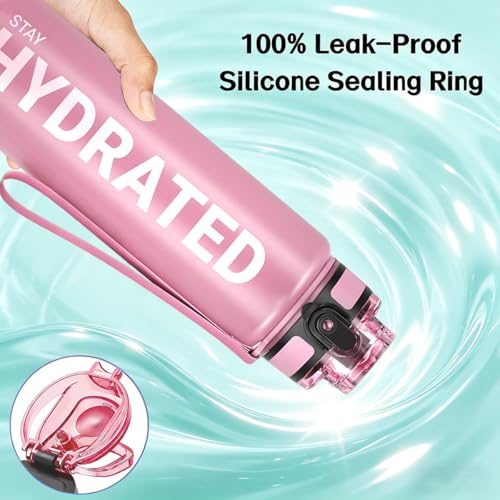32oz Water Bottle with Time Marker, Leakproof & Motivational Gradient Design, BPA Free, Wide Mouth with Easy Clean Brush for Gym, Travel, Home & Office (Pink) - color: Pink