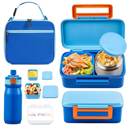 JXXM Bento Lunch Box for Kids With 8oz Thermo, Leakproof Bento Box with with 2 Compartments, Insulated Bottle, Lunch Bag, BPA Free Dishwasher Safe for School Girls Boys (Blue) - color: Blue 01