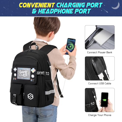 Scothen Boys Backpack, Cool Luminous School Backpacks for Boys with Lunch Bag Pencil Case, Kids Backpack Kindergarten Elementary Middle School Book Bags for Teen Boy Children with USB Charging Port - color: Black