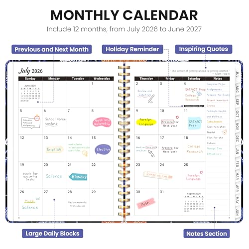 Planner 2026-2027, Academic Planner Weekly and Monthly, Jul 2026 - Jun 2027, Spiral Bound School Planning Tool with Tabs and Pocket, Perfect for Students & Teacher, 6.3" x 8.5", Jellyfish Waltz - color: N-Jellyfish Waltz, size: 6.3"x8.5" (A5)