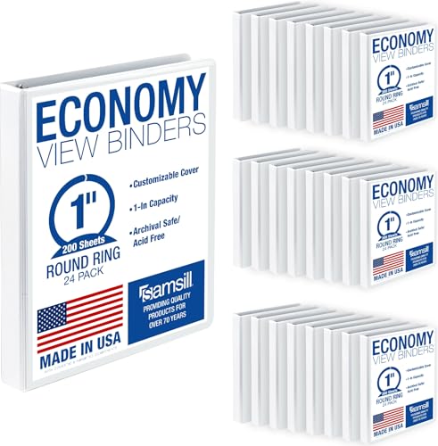 Samsill 1 Inch 3 Ring Binders, Economy Round Ring, Clear View Cover, 200 Sheet Capacity - for School, Home, Office - White, 24 Pack - color: White, size: 24-Pack, style: 1-Inch