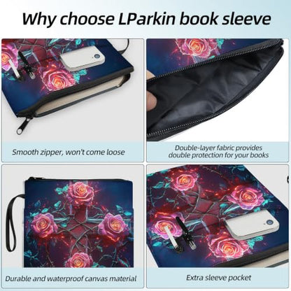 Padded Book Sleeve with Zipper & Front Pocket, Fabric Book Cover | Gothic Rose Flower Cross11.4"x8.7" Washable Canvas Pouch for Hardcovers, Tablets & Reading Accessories - color: Gothic Rose Flower Cross