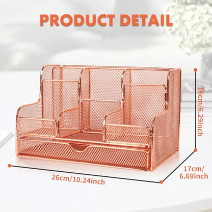 Barelove Rose Gold Desk Organizer with Sliding Drawer, Large Office Desktop Mesh Pen Pencil Holder Caddy Organization with 7 Compartments for Home School Supplies Stationery Book IPAD, Christmas Gifts