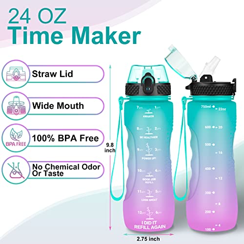 24 OZ Motivational Kids Water Bottle With Time Marker,Straw Lid,Leak Proof, Tritan BPA Free Sports Water Bottle Green-Purple(1 Lid) - color: Green Purple