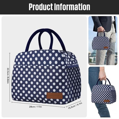 douyadady Lunch Bag Women/Men Lunch Box Women/Men (Blue+White dots) | Spacious Lightweight Waterproof Sturdy Durable Great Value For Office Work School Picnic Travel - color: Blue+White dots