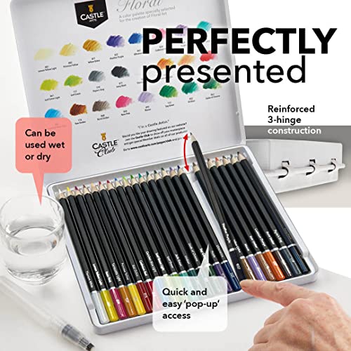 Castle Art Supplies “Botanical” Themed Watercolour Pencils Set | 24 Premium Quality, Selected Vibrant Colours | Draw and Paint at the Same Time | For Adult Artists and Gifting | In Special Tin Box