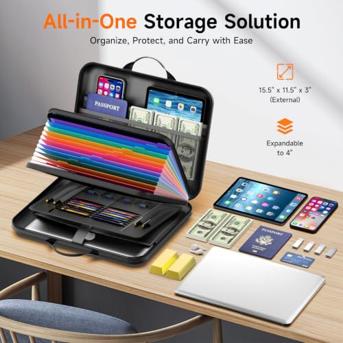 Fireproof Document Box with Lock, Waterproof Hard-Shell File Organizer with 13-Pocket Accordion Folder & Multi-Compartments for Laptop, Documents, Passports & Valuables