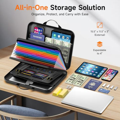 Fireproof Document Box with Lock, Waterproof Hard-Shell File Organizer with 13-Pocket Accordion Folder & Multi-Compartments for Laptop, Documents, Passports & Valuables