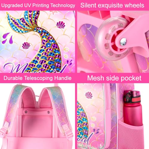 HPJGD 3PCS Mermaid Rolling Backpack for Girls, Kids School Backpacks with Wheels, Water Resistant UV Printed Roller Wheeled Bookbag Set with Lunch Box - color: 3PCS Mermaid Rolling Backpack