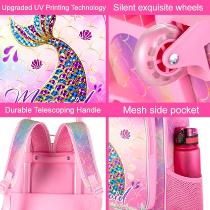 HPJGD 3PCS Mermaid Rolling Backpack for Girls, Kids School Backpacks with Wheels, Water Resistant UV Printed Roller Wheeled Bookbag Set with Lunch Box - color: 3PCS Mermaid Rolling Backpack