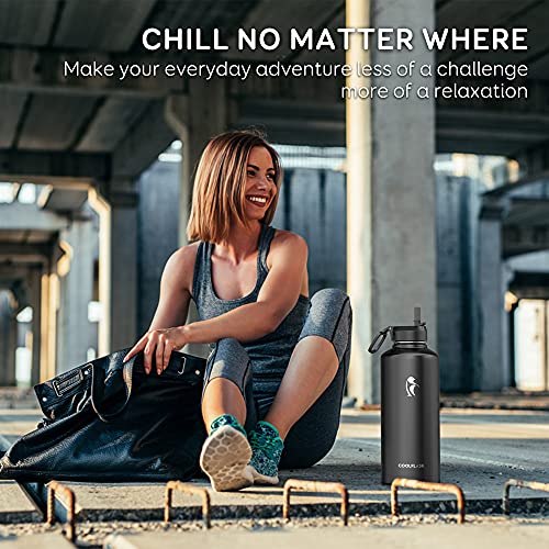 Coolflask 87 oz Insulated Water Bottle Stainless Steel with Straw & 3 Lids | 2/3 Gallon Large Water Jug, Triple-Wall Vacuum, Cold 48+h/Hot 24+h, Dishwasher Safe, BPA-Free, for Gym & Hiking - color: Magic Black, size: 87 Ounces