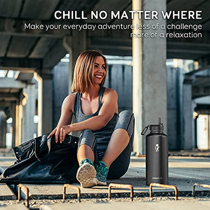 Coolflask 87 oz Insulated Water Bottle Stainless Steel with Straw & 3 Lids | 2/3 Gallon Large Water Jug, Triple-Wall Vacuum, Cold 48+h/Hot 24+h, Dishwasher Safe, BPA-Free, for Gym & Hiking - color: Magic Black, size: 87 Ounces