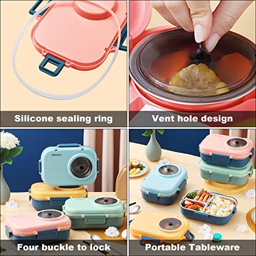3 Compartments Bento Lunch box with Soup Bowl, Insulated Lunch Bag and Portable Utensils, Stainless Steel Camera Lunch Containers，Leak Proof Bento Box for Adults Men Women（14 years old+） - color: 900ml-Pink