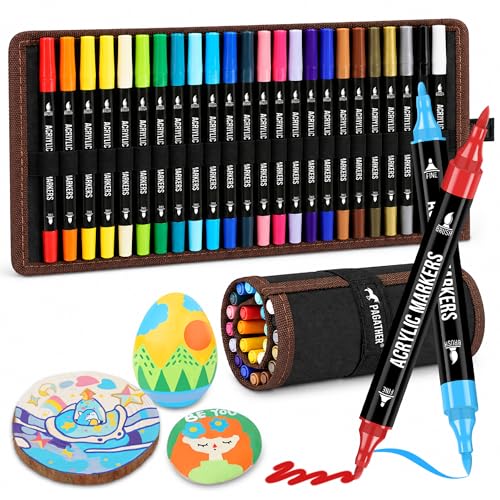 Pagather 24 Colors Acrylic Paint Markers, Dual Tip with Fine Tip and Brush Tip Pens for Stone, Wood, Calligraphy, Canvas, Ceramic, Metal, Glass, Rock Painting, DIY Crafts Art Supplies Kit - color: 24 Colors