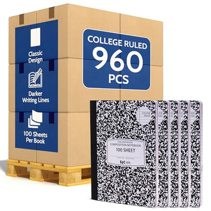 960 Pack (Pallet) EPI College Ruled Composition Notebook Bulk, 200 pages (100 Sheets), 9-3/4 x 7-1/2, Black Marble, Bulk School Supplies, Heavy Duty, Durable Office Notebooks, Sturdy Sewn Binding - size: Pack of 960, style: College Ruled