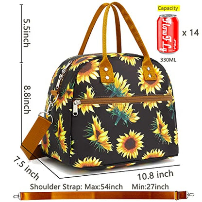 FlowFly Insulated Lunch Bag With Shoulder Strap for Women, Men, and Kids, Large and Reusable, Handle, Freezable Work and School Travel Tote and Meal Prep Organizer,Sunflower - color: Sunflower