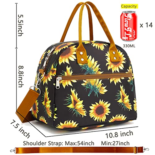 FlowFly Insulated Lunch Bag With Shoulder Strap for Women, Men, and Kids, Large and Reusable, Handle, Freezable Work and School Travel Tote and Meal Prep Organizer,Sunflower - color: Sunflower