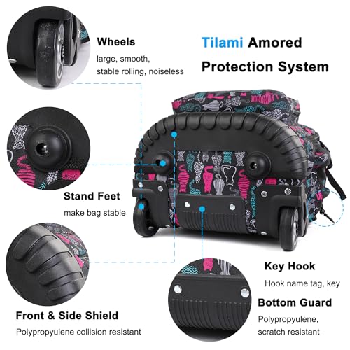 Tilami Rolling Backpack, 18 inch Shoulder Drop, Concealed Pockets and Wheel Cover, Laptop Backpack for Boys and Girls, Cat Black - color: Cat Black