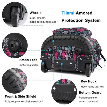 Tilami Rolling Backpack, 18 inch Shoulder Drop, Concealed Pockets and Wheel Cover, Laptop Backpack for Boys and Girls, Cat Black - color: Cat Black