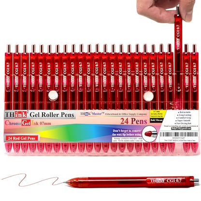 [24 Pens - Red Ink] Think2 0.7mm CGI Retractable Gel Pens. (24 Red) Medium Point Rollerball Pens with Smooth Quick Drying Ink. - color: Red