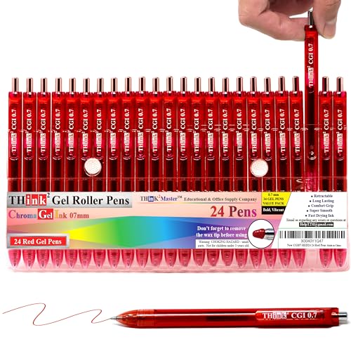 [24 Pens - Red Ink] Think2 0.7mm CGI Retractable Gel Pens. (24 Red) Medium Point Rollerball Pens with Smooth Quick Drying Ink. - color: Red