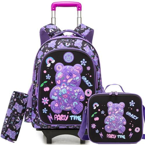 Rolling Backpack for Girls Backpack with Wheels for School Kids Cute Bear Kids Wheeled School Bag 3PCS Set with Lunch Box Pencil Case,Elementary Trolley Bookbag for School Travel - color: Black Purple Bear