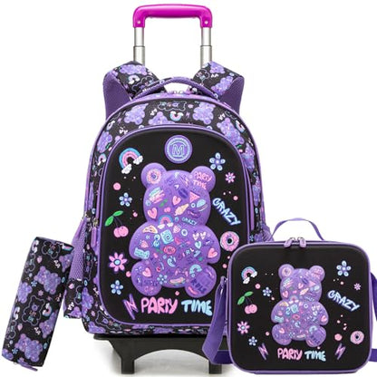 Rolling Backpack for Girls Backpack with Wheels for School Kids Cute Bear Kids Wheeled School Bag 3PCS Set with Lunch Box Pencil Case,Elementary Trolley Bookbag for School Travel - color: Black Purple Bear
