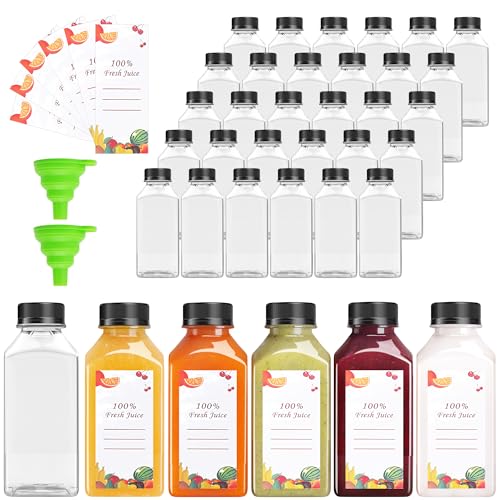 OBKJJ 80pcs 8oz Pcs Juice Bottles, Juice Bottle with Caps Reusable Empty Clear Bottles with Label, Funnel, Brush Bulk Beverage Containers for Juicing, Drinking, Smoothie and Other Beverages (8oz) - size: 8oz