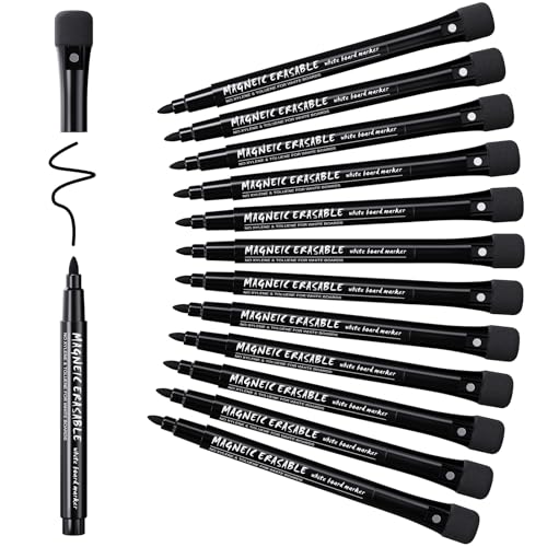 JOBONUS Magnetic Dry Erase Markers Fine Tip Black : 12 White Board Dry Erase Markers with Eraser Cap, Low Odor Erasable Fine Point Markers for Teachers, Home, Office and School Supplies - color: Black Colors(12 Pack)