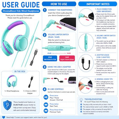Kids Wired Headphones for School, Over-Ear Children's Headphones with Microphone, Foldable 85/94dB Volume Limited Headphones, 3.5mm & USB-C Compatible (Aqua Violet) - color: Aqua Violet