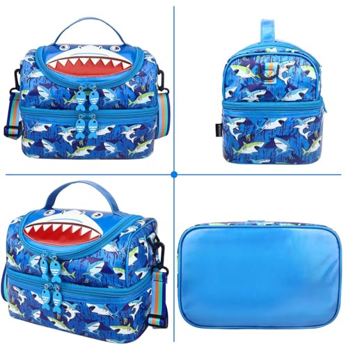 RHCPFOVR Kids Lunch Bag - Double - Decker Cooler Insulated Lunch Box for Boys Girls,Washable Lunch Bag and Reusable Toddler Lunchbox for School and Daycare - color: Blue Shark