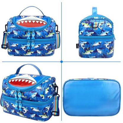 RHCPFOVR Kids Lunch Bag - Double - Decker Cooler Insulated Lunch Box for Boys Girls,Washable Lunch Bag and Reusable Toddler Lunchbox for School and Daycare - color: Blue Shark