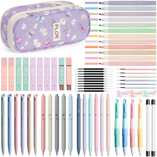 65PCS Aesthetic School Supplies Back to School Supplies Cute Stationary Set | College Essentials Kit with Pencil Case, Pastel Highlighters Gel Pens Mechanical Pencil Set 0.5 0.7 & 2.0mm for Student Girls - color: Purple Butterfly